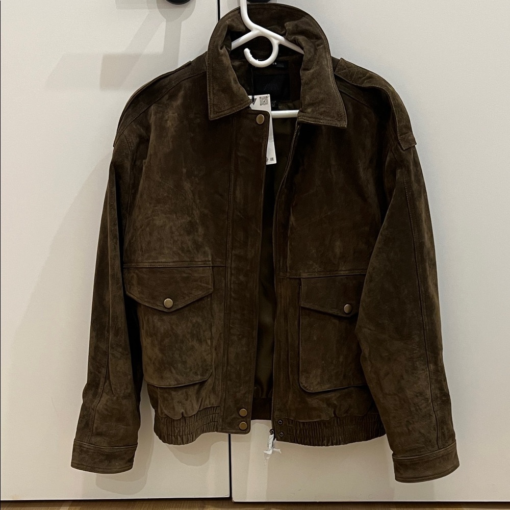 Zara Men's Dark Brown Suede Bomber Jacket